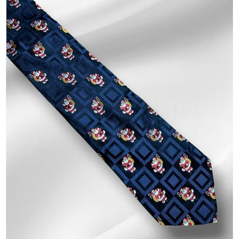 Vintage Santa Claus Silk Neck Tie Navy Blue Toy Sack Candy Cane Squares Hallmark